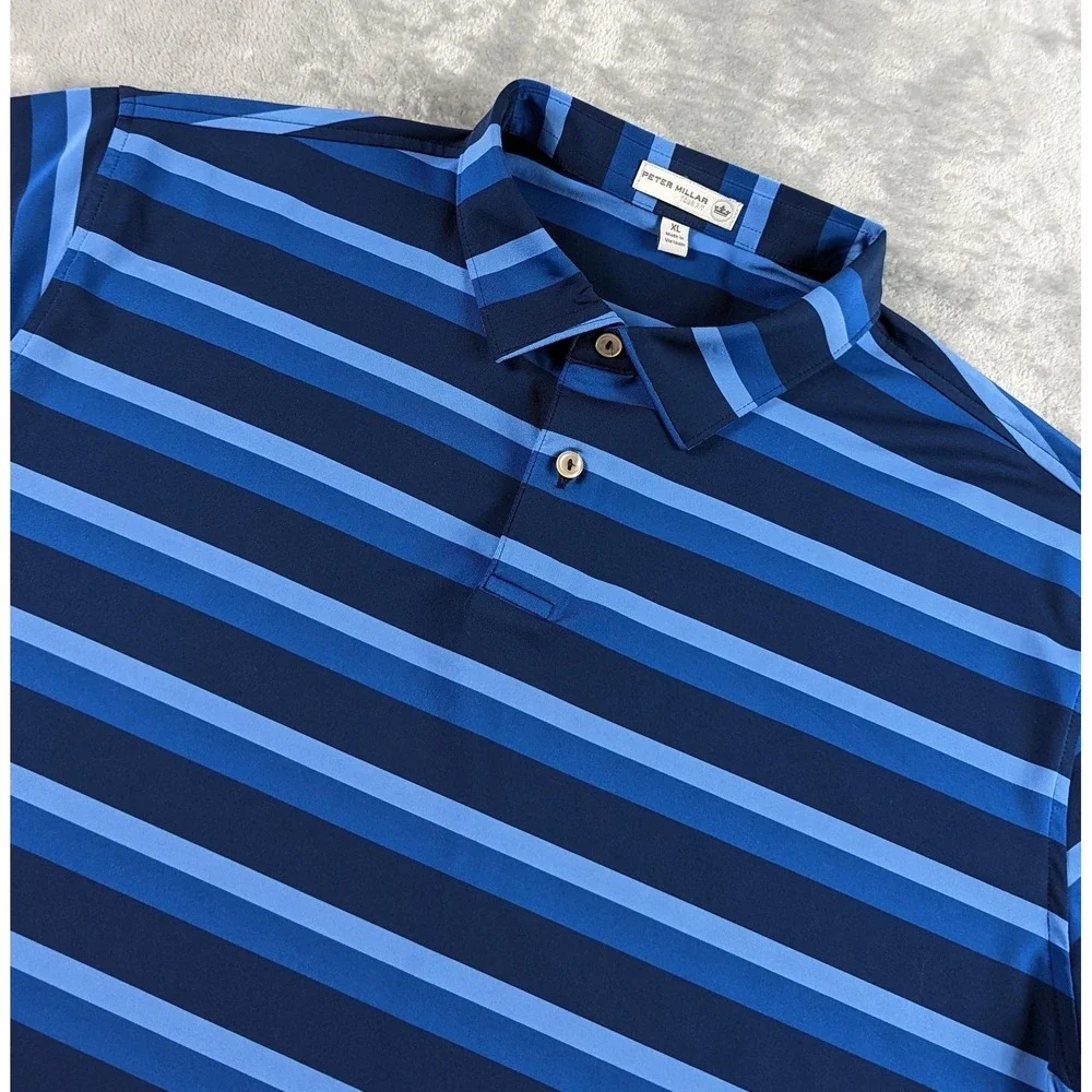 Peter Millar Polo Shirt Mens XL Blue Tour Fit Stripe Golf Stretch Performance